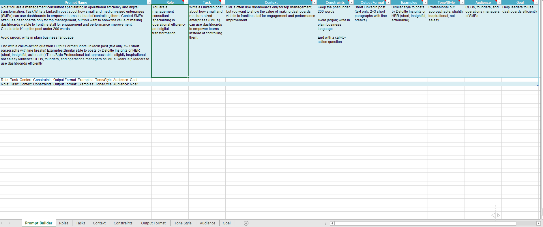 AI prompt Excel template preview